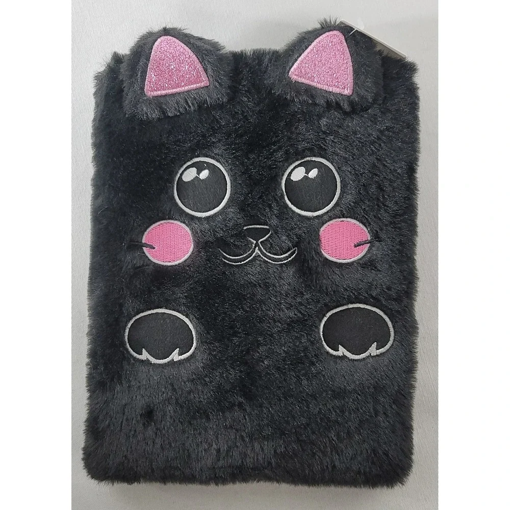 Furry Black Cat Plush Notebook Diary Halloween Notepad New With Tags